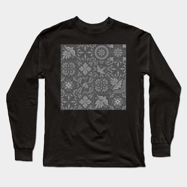 Mexican Gray Talavera Tile Pattern by Akbaly Long Sleeve T-Shirt by Akbaly